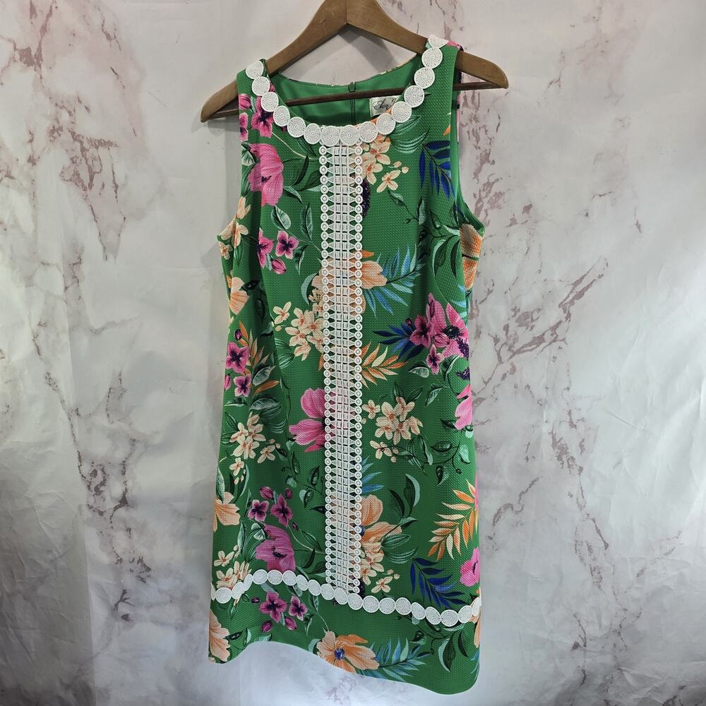 Eliza J Dress Womens 14 Large Green White Floral Crochet Embroidered Shift